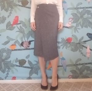 Asymmetrical, wool blend midi-pencil wrap skirt